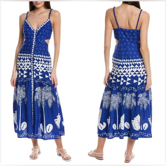 FARM Rio Dresses & Skirts - Farm Rio Ondina Linen blend Midi Dress with Cutout Waist in Blue & White Size M